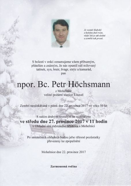 smuteční oznámení npor. Bc. Petr Höchsmann