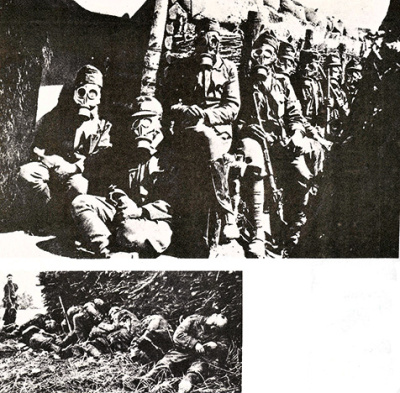 Rakousko-uherští vojáci v zákopech s ochrannými maskami proti plynovým útokům (1916)