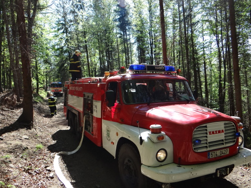 Výcvik hašení lesních požárů - hasící automobil a hadicové vedení v lese.JPG