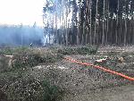 Požár maringotky v lese u obce Moraveč.