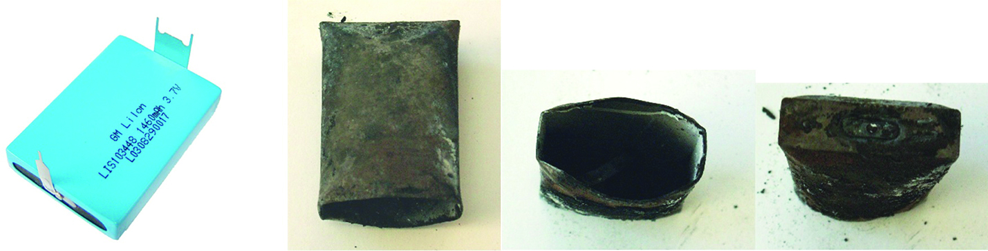 Obr. 4 Původní vzhled Li-Ion akumulátoru a jeho stav po explozi v jeho vnitřním prostoru vyznačení ohniskového kužele na desce pracovního stolu