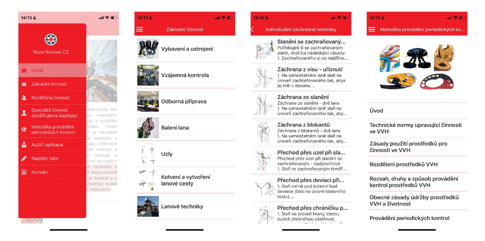 Ukázky různých obrazovek mobilní aplikace Rope Rescue CZ